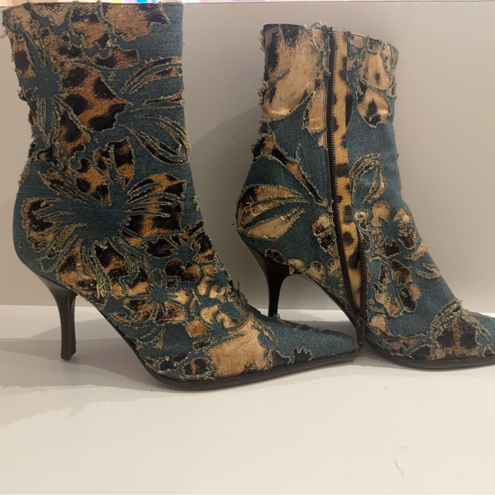 Denim Floral Embroidered Roberto Cavalli Ankle Boots